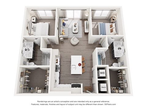 Floor plan for 2 beds, 2 baths, 1035 sqft
